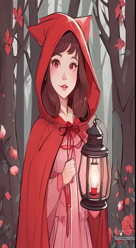 Drawing of a girl in a red cloak holding a flashlight, Dressed in a beautiful red robe, red riding hood, red riding hood, fairy-tale illustration style, official fan art, red hoods, thief red riding hood, detailed fan art, high quality fan art, No Bowater ...