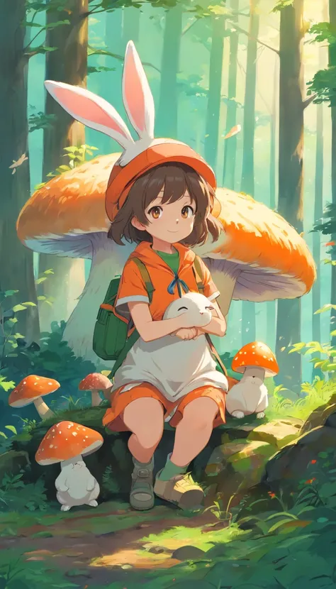 Adorable creatures，Similar to a mixture of rabbit and carrots, Adorable, Cute, Furry, Fluffy, forest, mushrooms, Wearing a mushroom cap