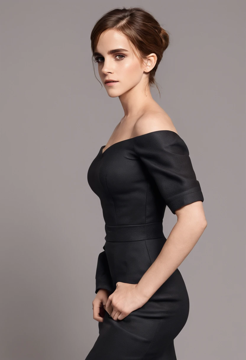 Emma Watson in a tight dress with a square neckline, no bra, pokies, puffies, pointy breasts, hard_nips, low cut neckline, ample cleavage, seductive, cowboy shot, 8k, exposed breasts, huge breasts, enormous breasts, very thin waist, hourglass figure