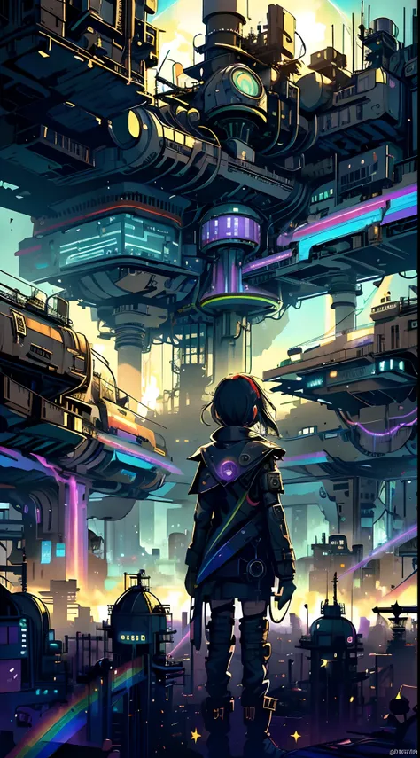 In a dystopia, ((psychedelic rainbow shooting star sky))A young girl wanders into a post apocalyptic steampunk skyscraper、One little girls back in the back center of the screen、Very complex post apocalyptic cityscape、A devastated world、Pulling composition、...