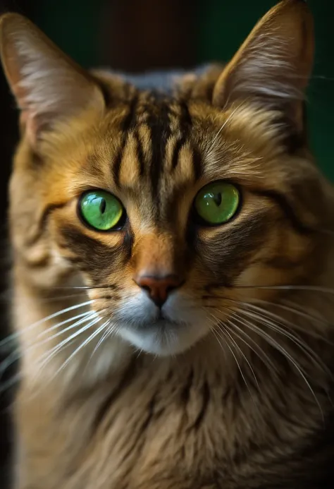 Um gato amarelo gordo de olhos verdes e nariz bem rosinha