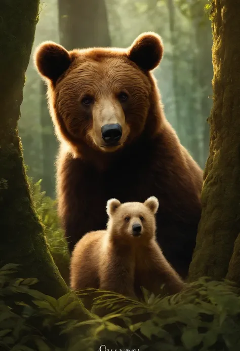 Imagine uma cena em que um belo dia, o Urso e o Coelho se encontraram na floresta. Describe their emotions and visible expressions as they first meet. Elabore a cena com detalhes sensoriais e envolventes que destacam a atmosfera da floresta."