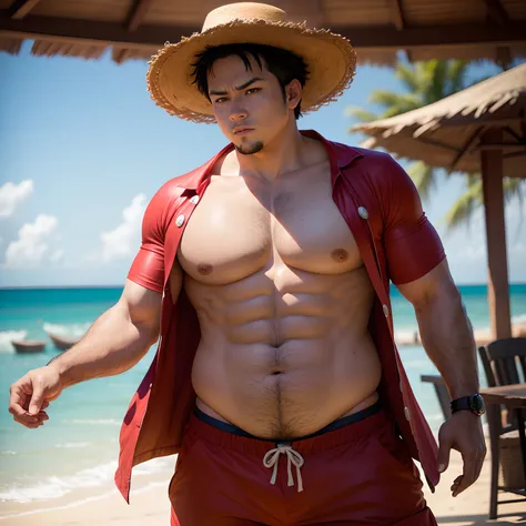 A man cubby, fat, cosplay one piece monkey d. luffy live in action, high - resolution, photography realistic style, real live, 8k