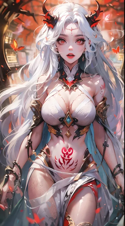 The most beautiful and sexy demon goddess, long platinum white hair, vibrant glowing red eyes, huge enormously gigantic tits, cleavage showing, tons of tattoos and piercings, Everything is connected, Flowing energy, Spiritual, atmospheric, enchanted, Divin...