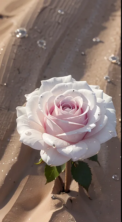 A small perfect white flower rose with small water droplets on the sand in the desert