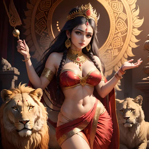 (highly detailed), (illustration), (intricate), (beautiful face), (attractive body), (complete body picture), modern indian goddess, Hinduism, (opaque red saree), dynamic pose, deity crown, (lion standing nearby), colorful, eye-catching, heavenly.Bring ali...