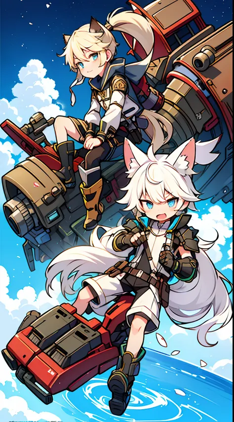 Game CG，8K quality，((younge boy))，Sense of childhood，Anime male protagonist，Wolf ears，Beast tail，Handsome face，Tactical communication goggles，Silvery-white and sky blue dyes，High-tech mechanical full body armor，Robot armor，Mechanical combat boots，Full body...