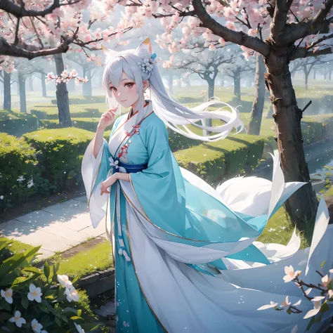 Hanfu dress，White fox，Wearing a cyan cloth，flight，POV perspective，Exaggerated perspective，Amazing moments，With realistic style and ultra-detailed rendering，Fixed peach blossom forest scene