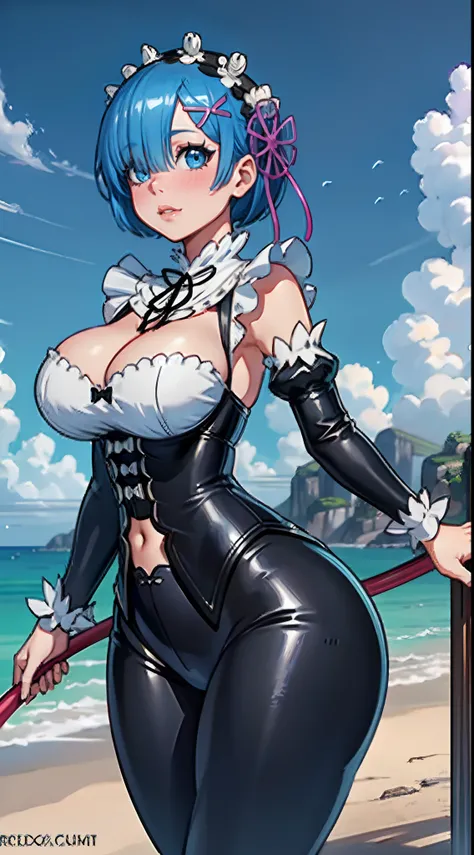 (best quality:1.3), (4k quality), 1 mature woman, rem by re:zero, curvy body, ((Detailed face)), (blush), pants leather,  blue sky