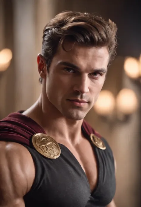 Greek God Superhero, extravagant muscles, detailed hairstyle, detailed background, shallow depth of field, photorealistic, cinematic light