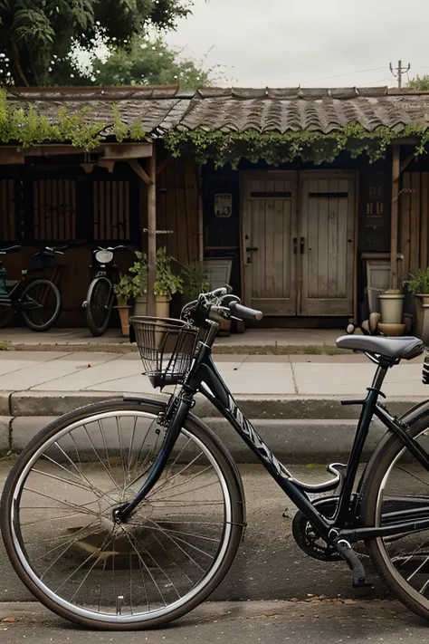 Two bikes are old, are parked next to each other and are the main image. They have the classic shape of a bicycle, with thin tires and handlebars.