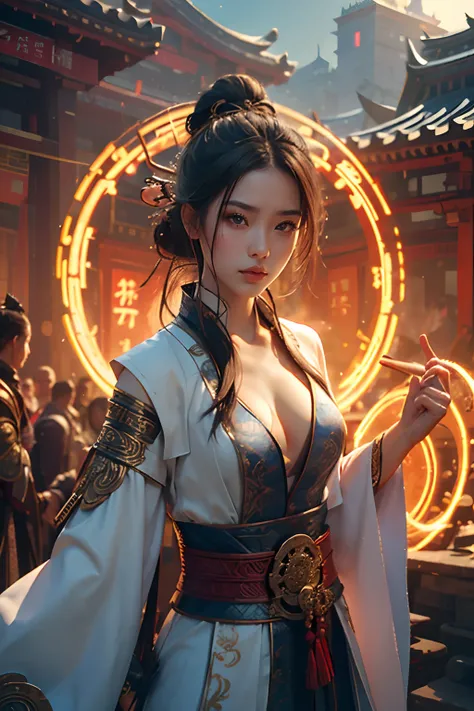 Best quality,masterpiece,ultra high res,(photorealistic:1.4),xiuxian,weapon,Detailed face,
1girl,solo,weapon,cleavage,(magic circle:1.2),xiuxian,upper body,Beautiful girl,full body,east asian architecture,sheath,architecture,