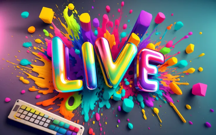 um close up de um teclado e um tipo colorido de texto, cores vivas, cinema 4d render colorido, cores vivas, vivid and colorful, colorful vivid octane render, Gotejamento HD colorido, arte digital colorida, arte digital colorida, psychedelic color theme, ex...