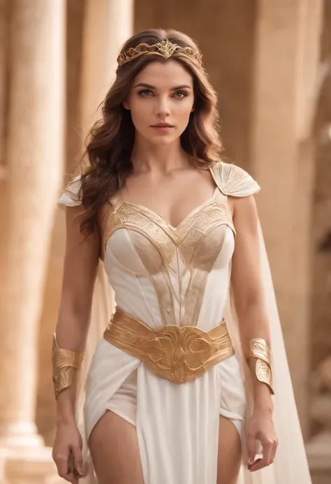 Greek Goddess Superhero, extravagant body, full body portrait, detailed hairstyle, detailed background, shallow depth of field, photorealistic, cinematic light