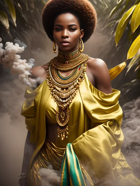 by royo, hyperdetailed, hyperrealistic, full body shot of an African woman, in an African  outfitwith vibrant colors, exaggerated shoulder pads, and bold accessories. Striking a powerful pose with an intense gaze, surrounded by a halo of smoke in tones tha...