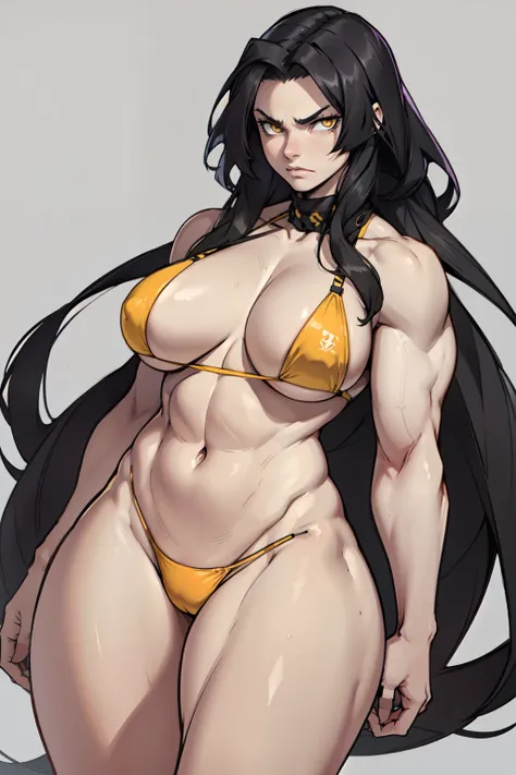 ((grey background)) 1girl black hair yellow eyes very long hair pale skin angry ((muscular toned body)) thick thighs huge breasts curvy wide hips string bikini