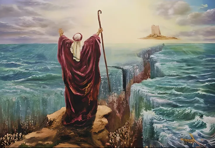 Painting of a man standing on a cliff overlooking the ocean, moses, biblical painting, epic biblical representation, inspired by moses van Uyttenbroeck, biblical art, Jesus walking on water, Mar Vermelho, biblical art style, Deus do Oceano, Album art, O De...