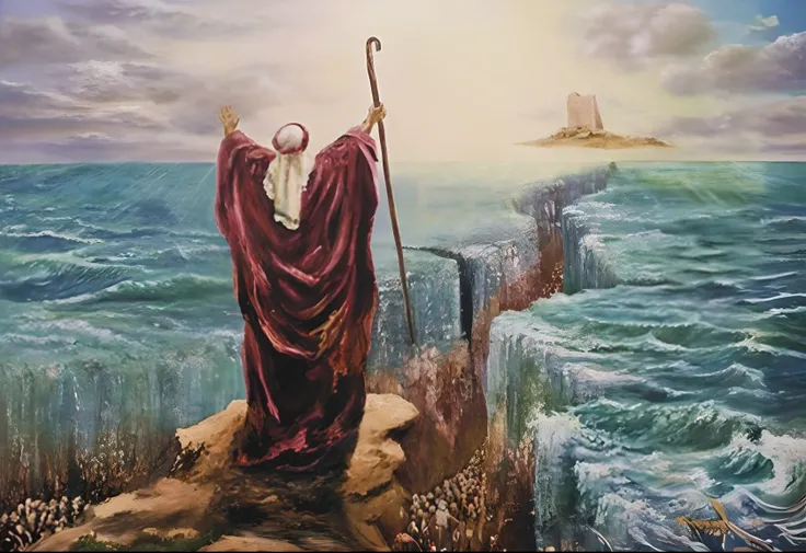 Painting of a man standing on a cliff overlooking the ocean, moses, biblical painting, epic biblical representation, inspired by moses van Uyttenbroeck, biblical art, Jesus walking on water, Mar Vermelho, biblical art style, Deus do Oceano, Album art, O De...