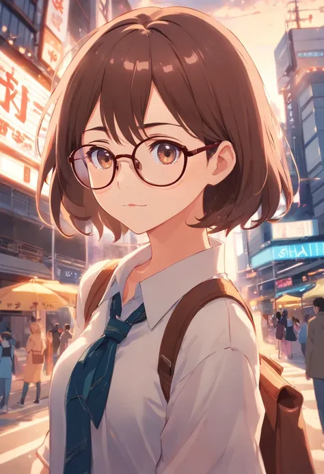 Anime girl with brown hair and glasses, con tetas enormes, pezones erectos, excitada