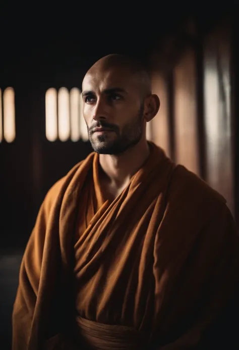 Portrait of a 30yo handsome Bold Monk with open eyes