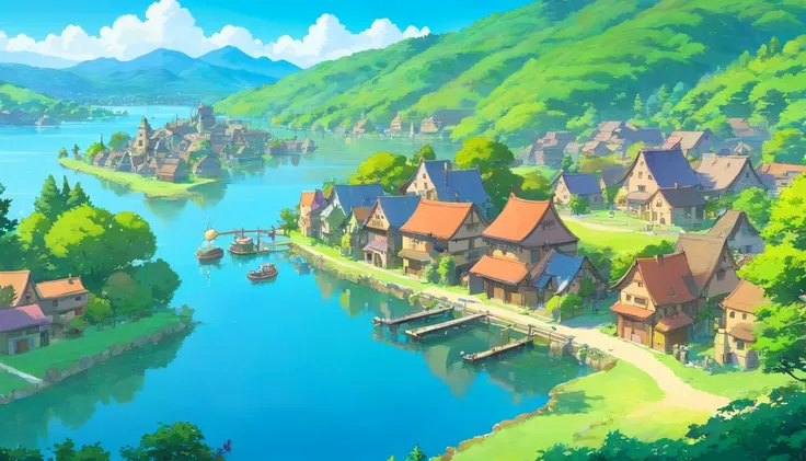 A lake beside a village, anime, ghibli style,