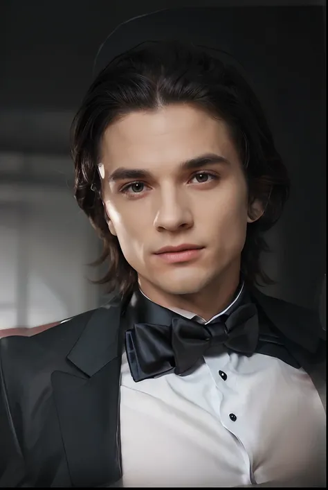 A man in a tuxedo with a bow tie and black shirt, photo-realistic, high-res, ultra-detailed, professionally lit, with vibrant colors.