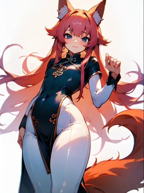 Masterpiece, high res, otokonoko, long pink hair, fox ears and nine fox tail, wearing a long dark blue chinese dress, thicc thighs, cute expression, flat chested, white leggings,