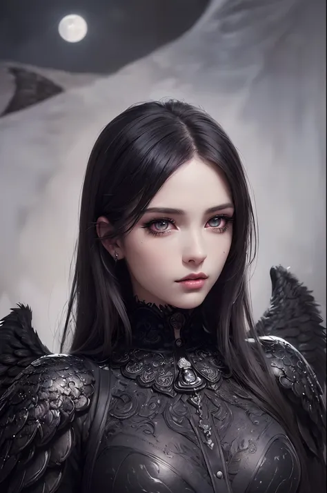 (dark angel,black wings,beautiful detailed eyes,beautiful detailed lips,extremely detailed eyes and face,long eyelashes),(oil painting,highly textured),(mysterious background,moonlight),(best quality,ultra-detailed,realistic:1.37),(portraits,dark fantasy),...