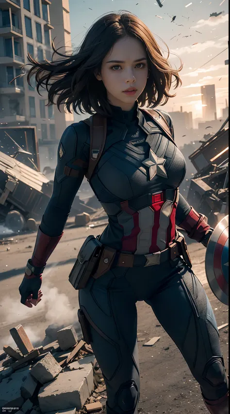 1girl, full body shot, haley atwell as captain america (from mcu), ((wearing captain america suit)),  look at viewer, dynamic po...