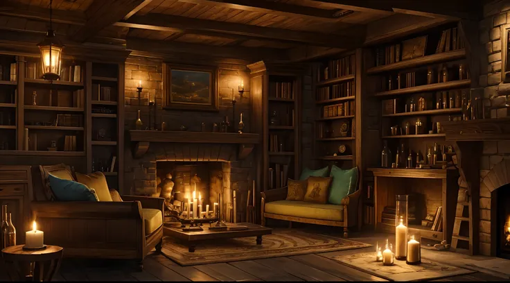 Small Alchemists Room in the Castle, candle lights, Colored Bottles, fireplace, window, Bookcases, shelves, wooden table, Sofa, wooden floor, cozy environment, Night outside the window, Fantasy art, higly detailed, 4k