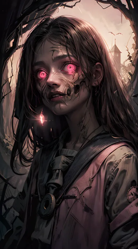 creepy girl, (pink school uniform:1.4), spooky woods, lost in dark wood, (at night:1.2), monsters, glowing eyes, (flawless skin:1.2), DarkWoodsStyle