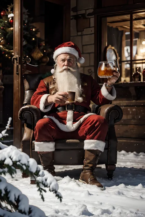 An epic image depicting Santa Claus, and brave-looking. Hes sitting on his throne , Holding a bag of gifts in his left hand and a glass of beer in his right hand and smoking a pipe], com um olhar imponente. Ao seu redor, Slaves working in the background of...