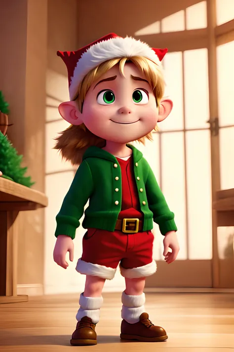 create an anime cartoon of a young elf santa's helper in pixar style with his arms raised