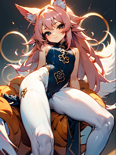 Masterpiece, high res, otokonoko, long pink hair, fox ears and nine fox tail, wearing a long dark blue chinese dress, thicc thighs, cute expression, flat chested, white leggings,|portrait| close up, magic circles