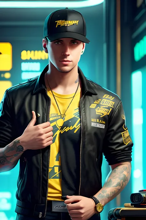 A young man with cap, black shirt, a painting of a  Bill Clinton, background, style of cyberpunk 2077, band of gold round his breasts