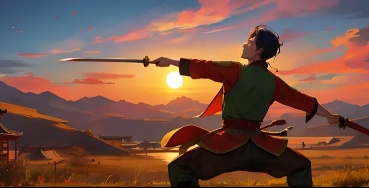 Under the setting sun in ancient China, A man in period costume plays with a sword while drinking，The back is dashing and wild