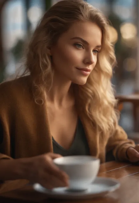 Jolie belle blonde avec pull jaune (Drinking coffee in a modern café at sunset), highly detailed, 14 ans, visage innocent, naturally wavy hair, yeux bleus, high resolucion, шедевр, Meilleur Qulaity, intricate high detail, highly detailed, mise au point net...