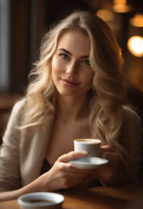 Jolie belle blonde avec pull jaune (Drinking coffee in a modern café at sunset), highly detailed, 14 ans, visage innocent, naturally wavy hair, yeux bleus, high resolucion, шедевр, Meilleur Qulaity, intricate high detail, highly detailed, mise au point net...