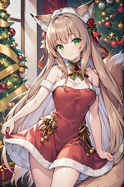 (Masterpiece, Highest quality, A high resolution: 1.4), 1girll, Solo, Long brown hair，(Big fox tail:1.2)，Green eyes，Small flower headdress，Living room at home，Christmas，Wear Christmas costumes，Christmas necklace with bells，ssmile，