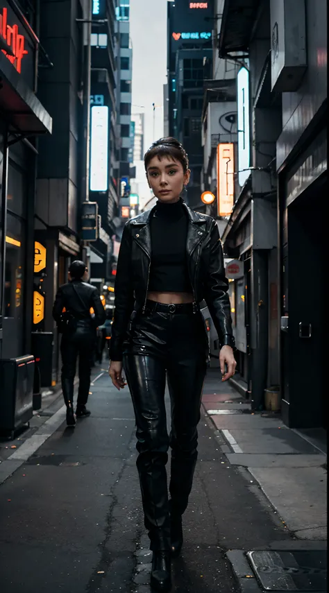 Audrey Hepburn wearing leather jacket and pants, cyberpunk, walking in a futuristic city