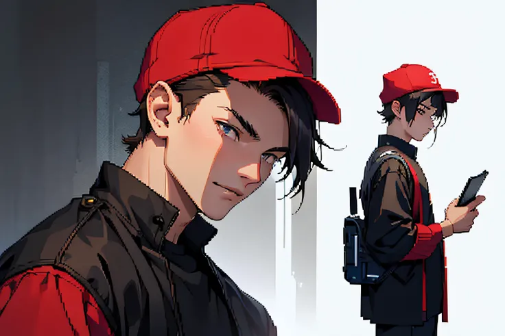 Young man in a red hat、Pixel art、short-haired、A dark-haired