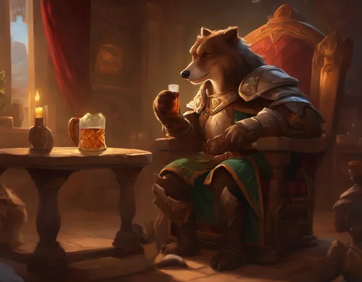 Araffe sentado en una silla sosteniendo un vaso de cerveza y un perro, Knight bebe cerveza, Desde Hearthstone, Lawther sentarse a la mesa jugando DND, de World of Warcraft, Arte oficial de salpicaduras de Hearthstone, realistic fantasy illustration, furry ...