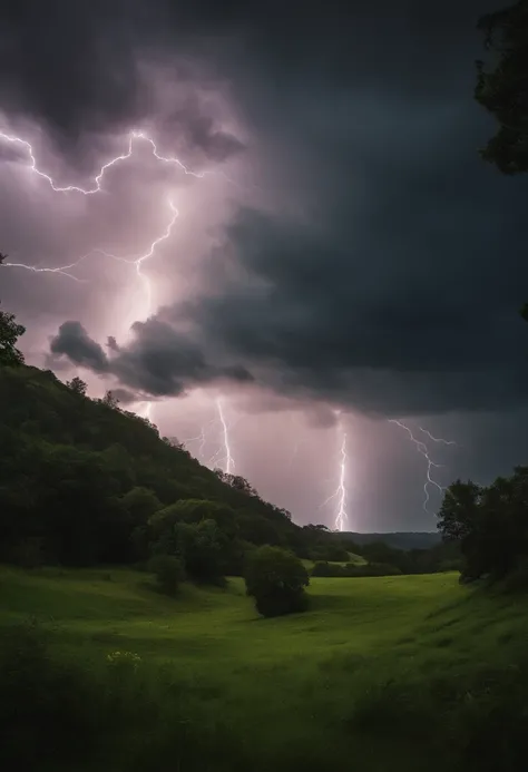 A big place with lots of grass and plants, with a cloudy and dark atmosphere, accompanied by lightning