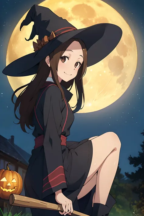 (Realistic),(Photorealistic),Takagi_San, 1girl in, Long hair,((Witchs attire)), Black pointy hat，Brown hair, Part bangs, Brown eyes, black robes，Long sleeves, Smile, Looking at Viewer,(（Sit on a broom in the air)）, masutepiece,Full body,Witch Cosplay， Best...