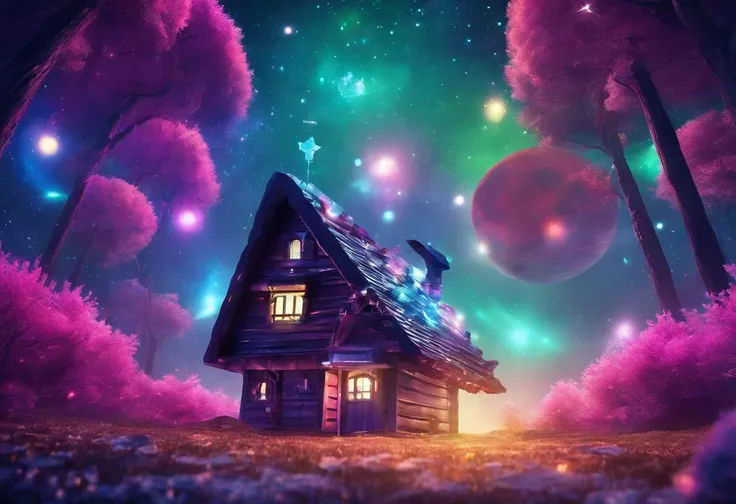 scenery of a magical, mystical and enchanted forest, little wooden house in the middle of the forest, glow, colorful, colorful shiny light particles