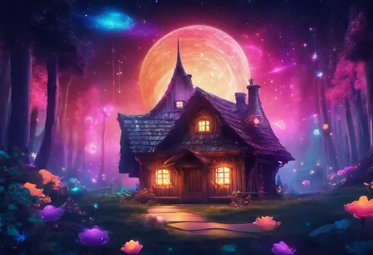 scenery of a magical, mystical and enchanted forest, little wooden house in the middle of the forest, glow, colorful, colorful shiny light particles