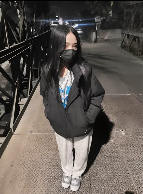 arafed woman wearing a mask standing on a bridge, photograph of a techwear woman, wearing urban techwear, she is wearing streetwear, wearing cyberpunk streetwear, wearing space techwear, wearing japanese techwear, woman in streetwear, wearing all black mem...