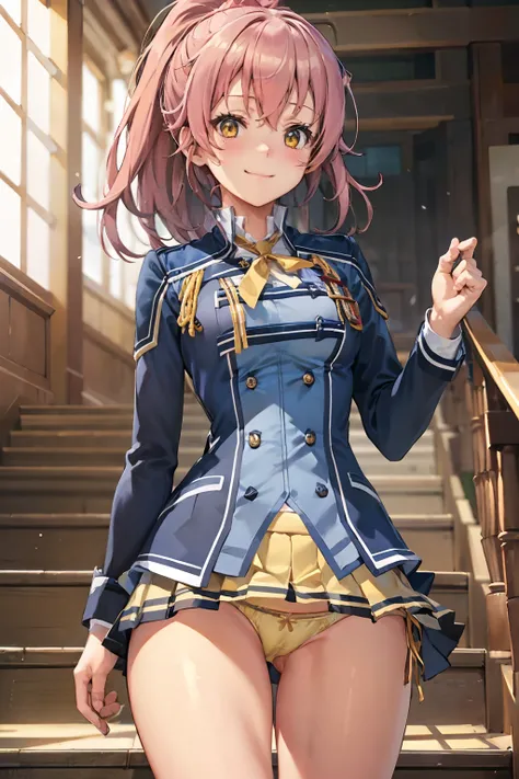 Juna Crawford, (((yellow panties))), A smile, embarrassed from, Adults, stairway, (((Sukesuke panties))), Skirt fluttering in the wind、a blue skirt, Shirimochi, opening legs