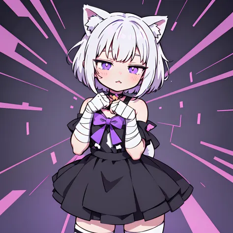 anime girl with short white hair just above her shoulders, black dress and black stockings, choker,purple bows on hair, bandages...