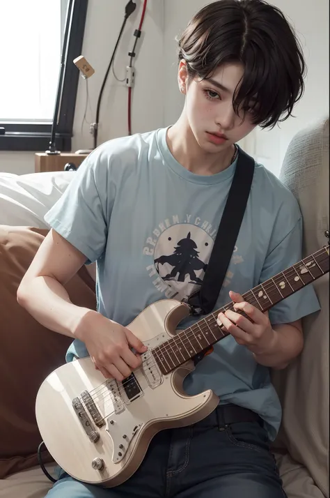 jimin do bts com cabelos longos e ruivos presos em um coque, tocando sua guitarra sentado na cama, imagem realista.